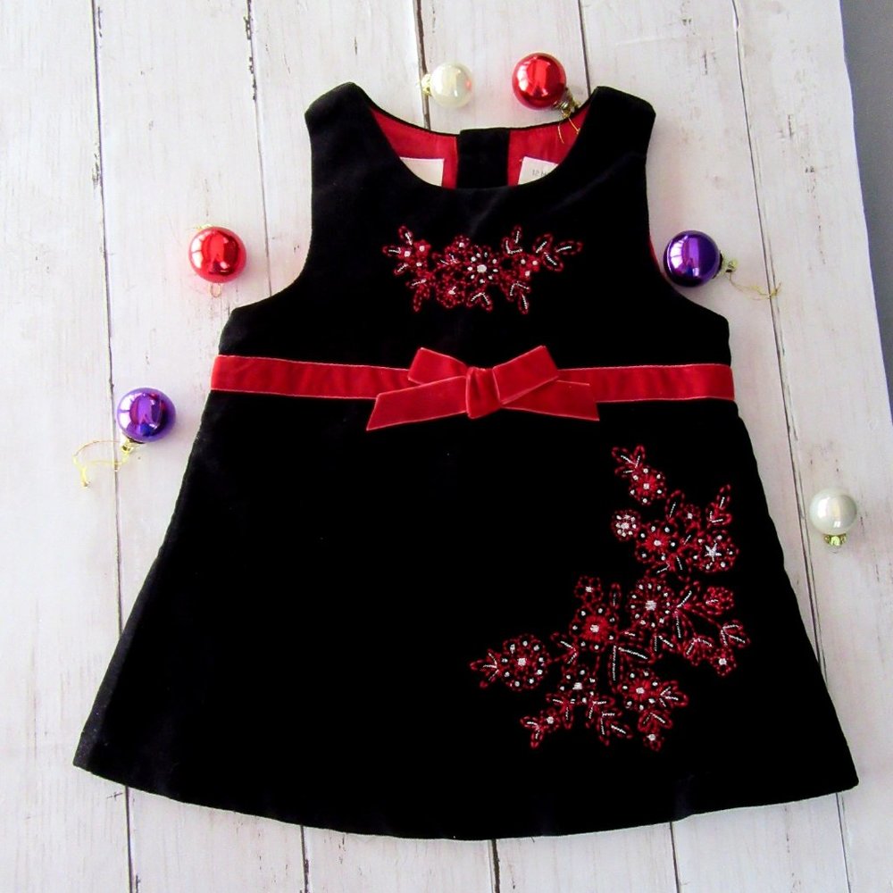 Toddler Girls black velvet red & silver Christmas dress 12 mo.